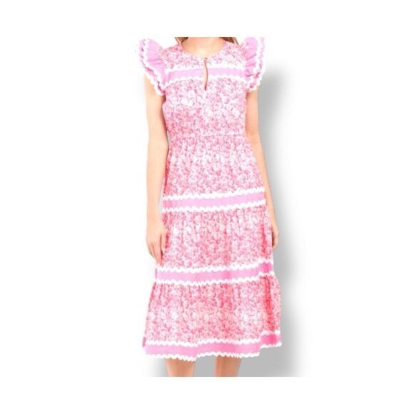 Sail to Sable STS Rose Print Flutter Sleeve Midi Dress Pink White | Size XL NWT - Picture 2 of 16